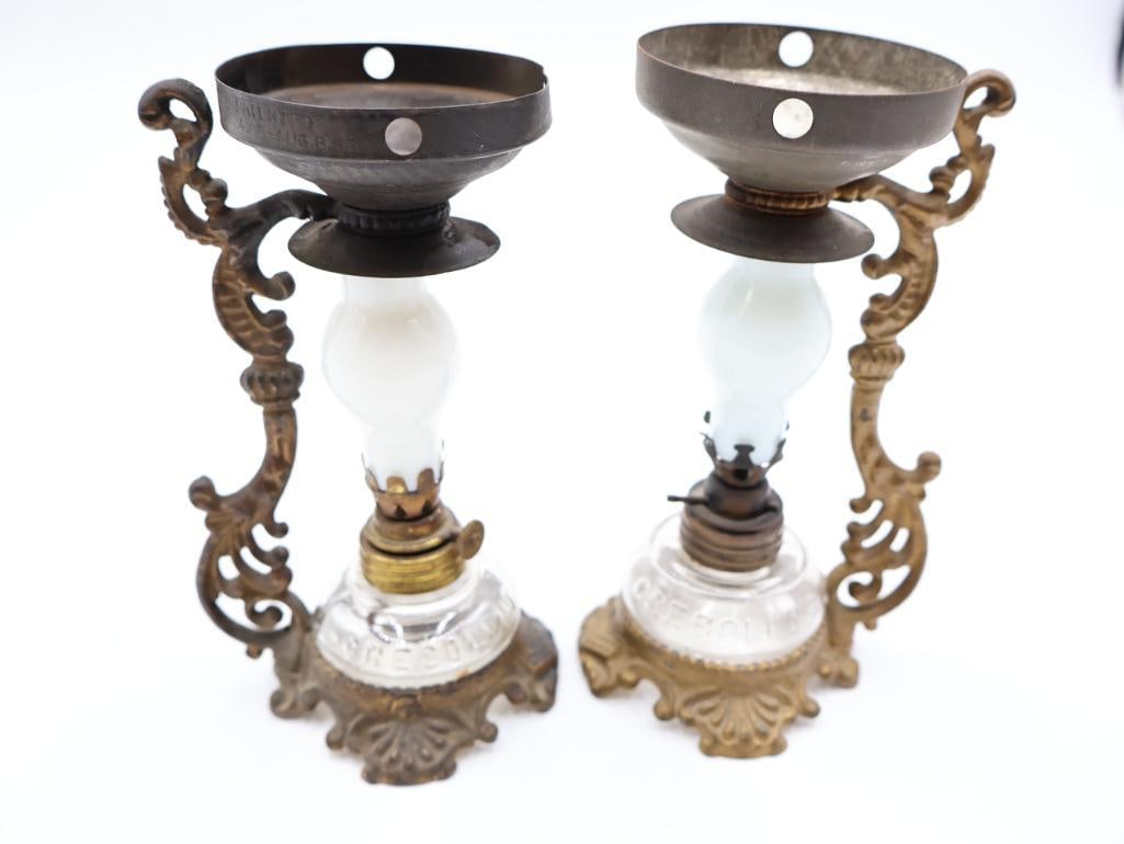 Pair Antique Cresolene Kerosene Nursery Lamps - 4