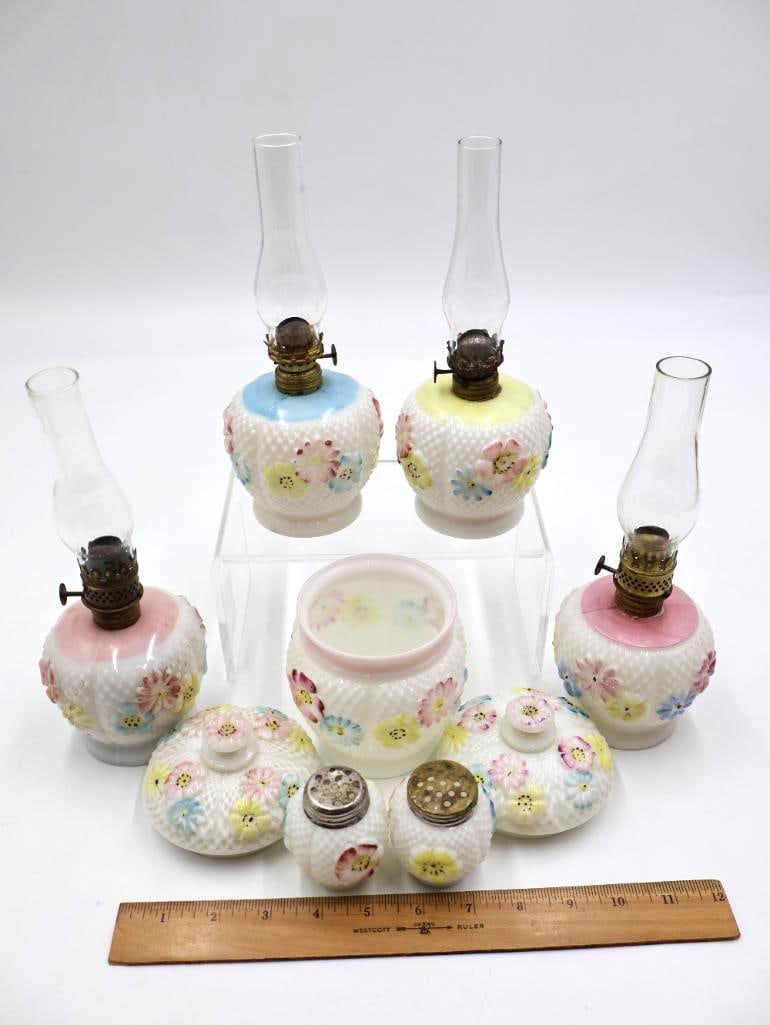 Vintage Milk Glass Floral Oil Lamps & Dresser Set 9 Pieces - 2