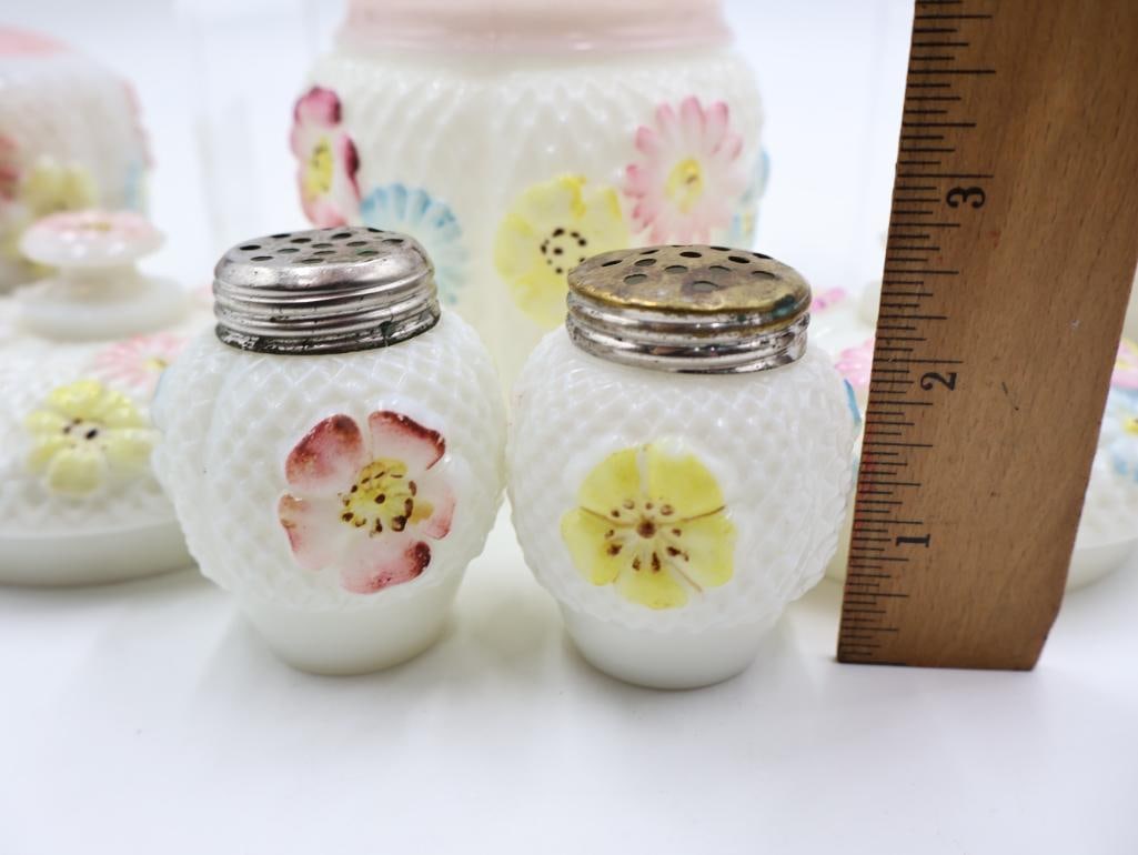 Vintage Milk Glass Floral Oil Lamps & Dresser Set 9 Pieces - 3