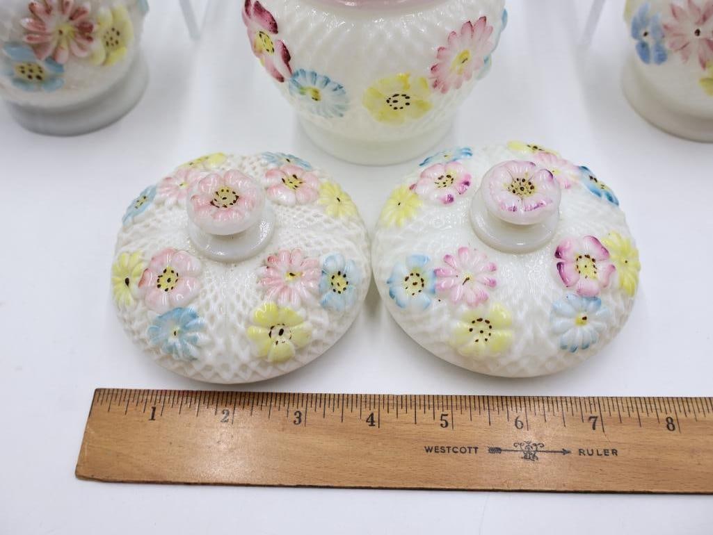 Vintage Milk Glass Floral Oil Lamps & Dresser Set 9 Pieces - 5