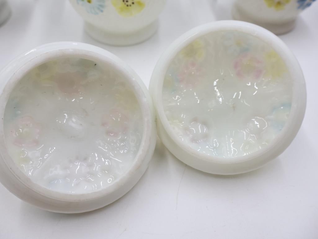 Vintage Milk Glass Floral Oil Lamps & Dresser Set 9 Pieces - 6