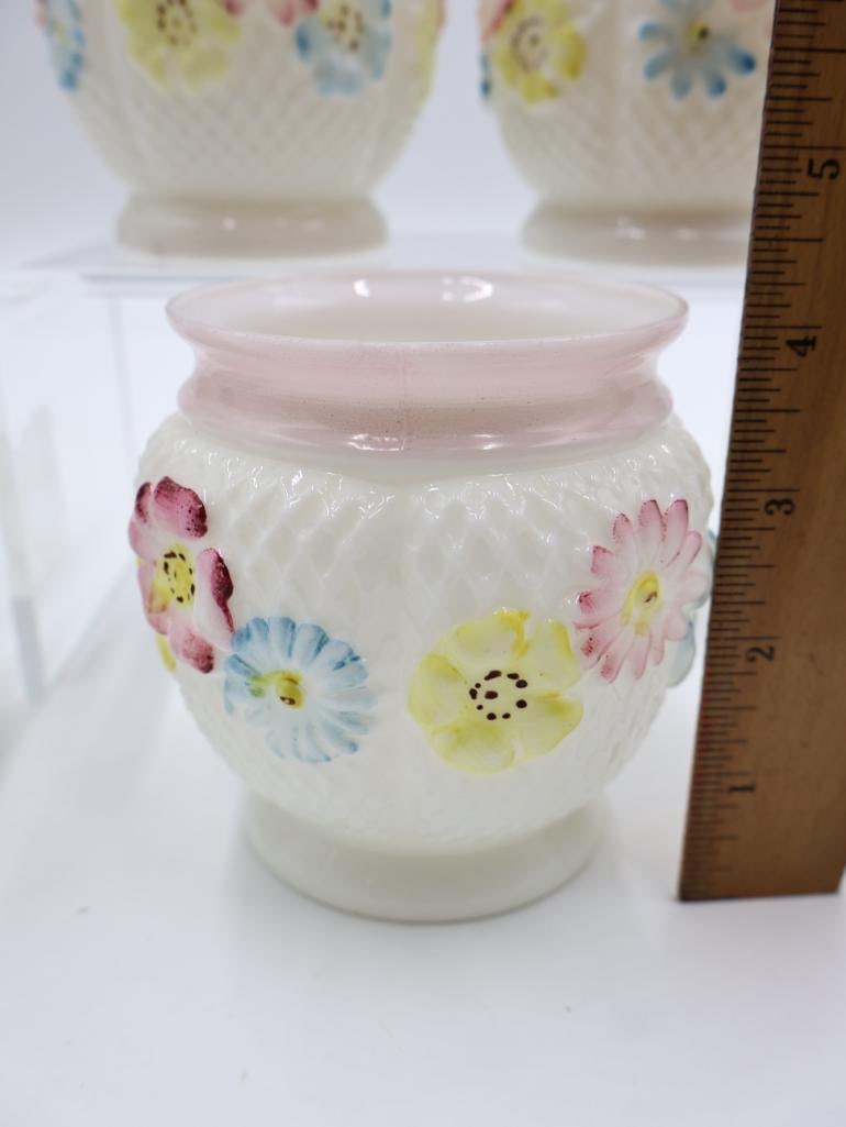 Vintage Milk Glass Floral Oil Lamps & Dresser Set 9 Pieces - 7