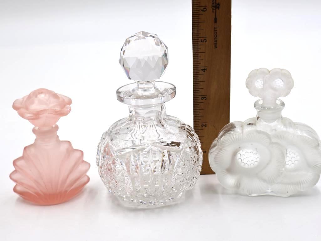 3 Vintage Art Glass Perfume Bottles Pink Satin, Cut Crystal and Frosted Floral - 2