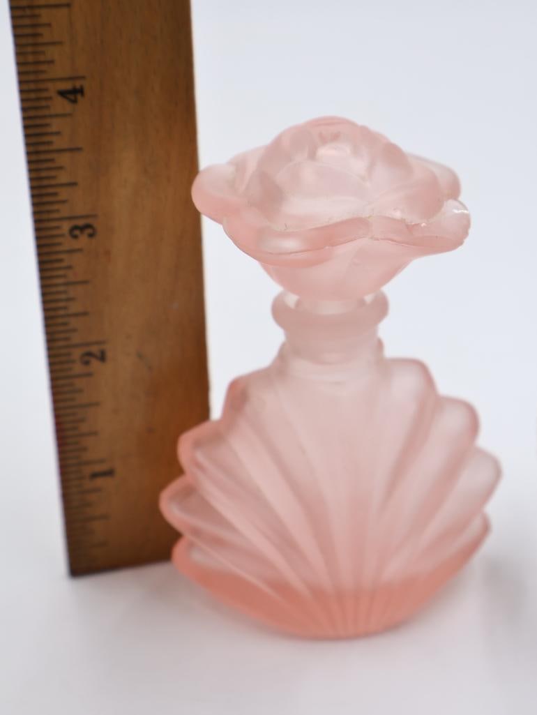 3 Vintage Art Glass Perfume Bottles Pink Satin, Cut Crystal and Frosted Floral - 3