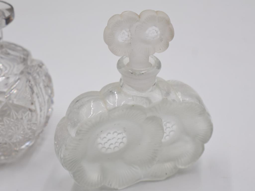 3 Vintage Art Glass Perfume Bottles Pink Satin, Cut Crystal and Frosted Floral - 7