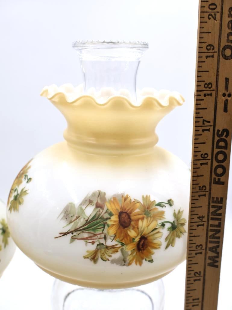Pair Antique Glass Kerosene Oil Lamps with Hand-Painted Floral Student Shades - 2