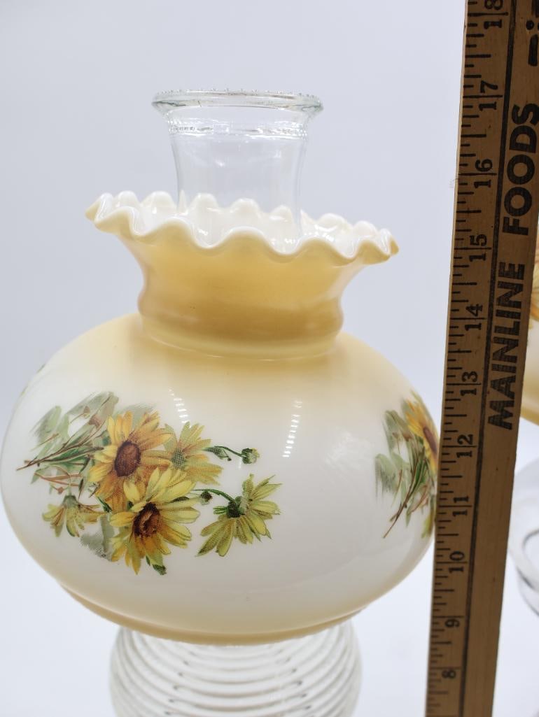 Pair Antique Glass Kerosene Oil Lamps with Hand-Painted Floral Student Shades - 3