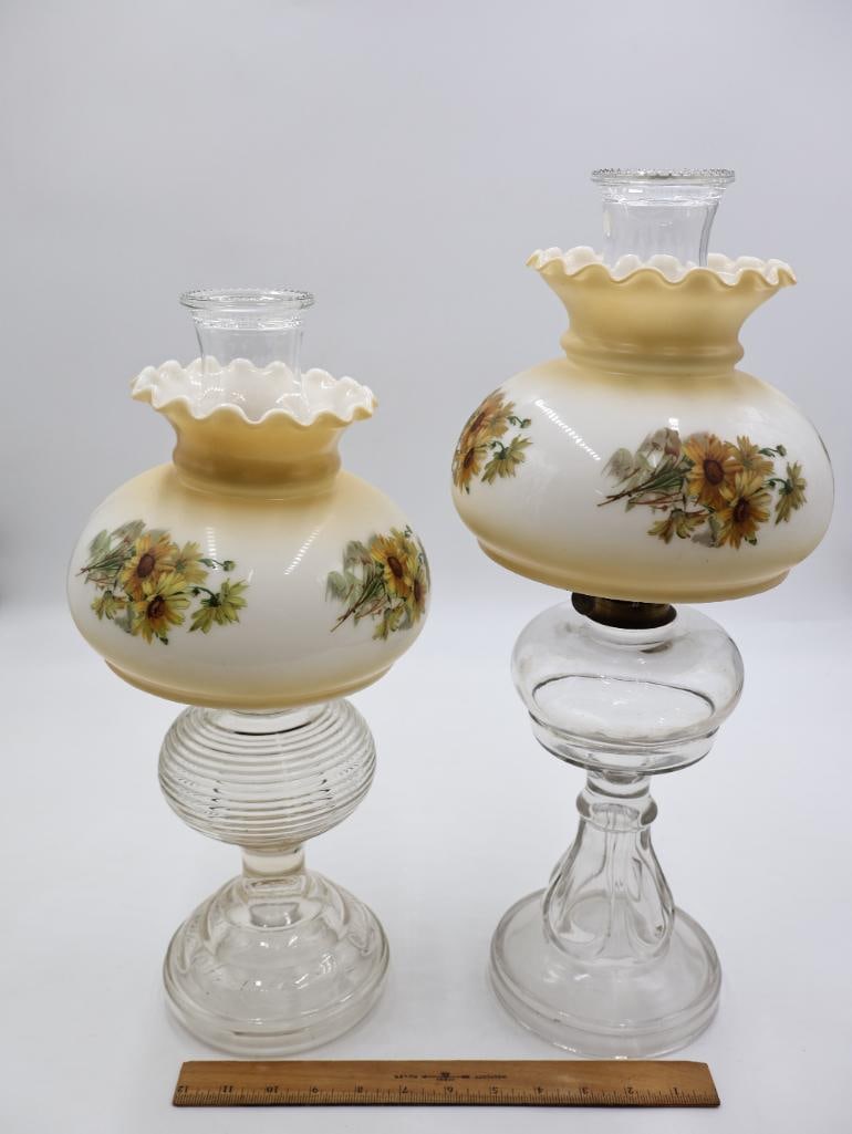 Pair Antique Glass Kerosene Oil Lamps with Hand-Painted Floral Student Shades - 4