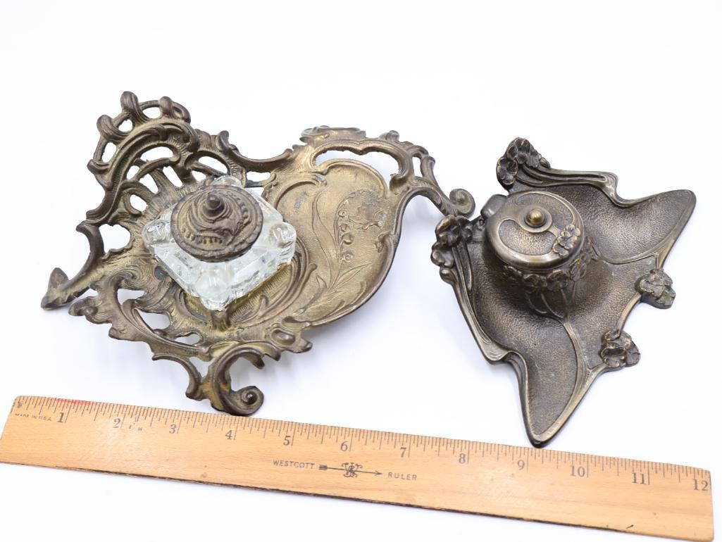 Antique Art Nouveau Cast Brass Desk Inkwells - 2