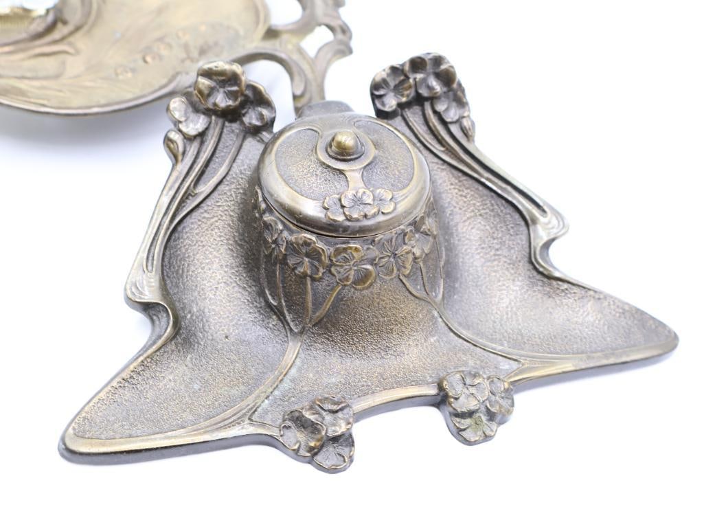 Antique Art Nouveau Cast Brass Desk Inkwells - 3