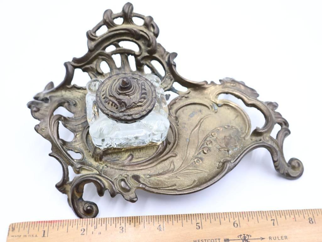 Antique Art Nouveau Cast Brass Desk Inkwells - 6