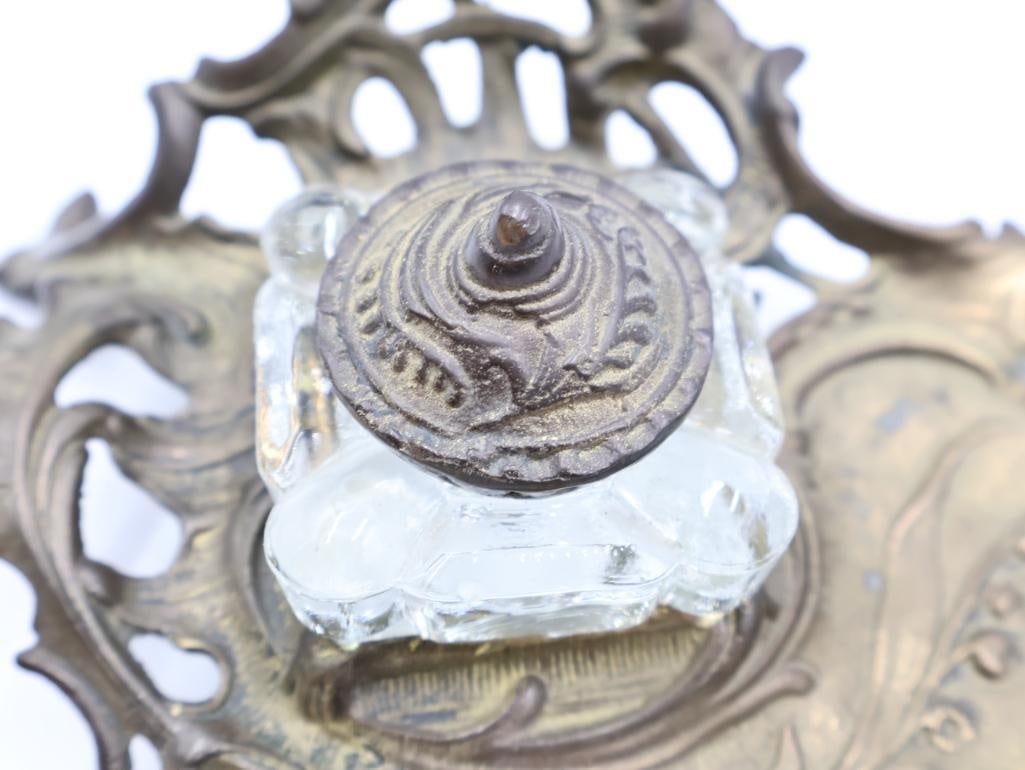 Antique Art Nouveau Cast Brass Desk Inkwells - 7