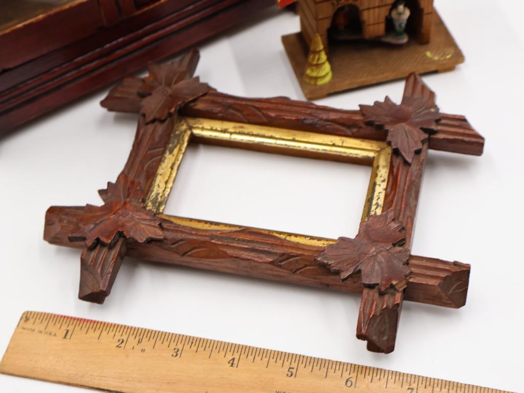 Miniature Vintage Cabinet, German Alpine Weather House, and Carved Tramp Art Style Frame - 2