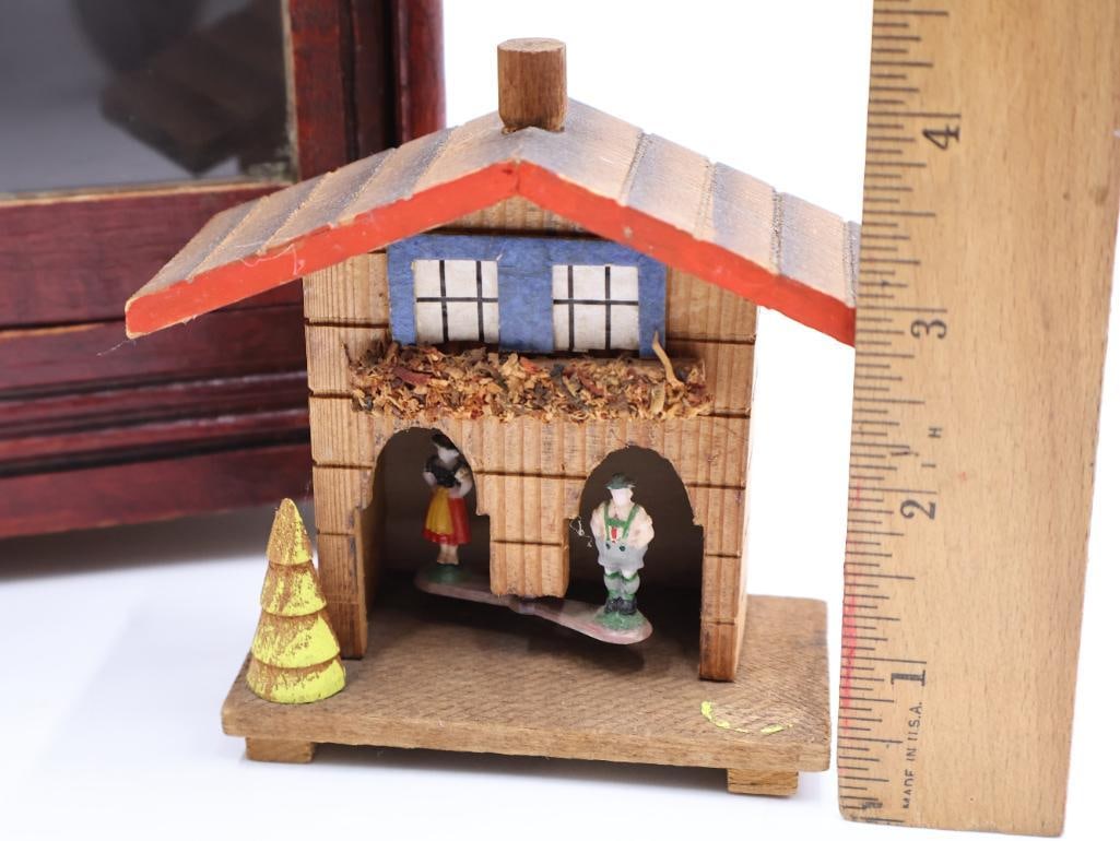 Miniature Vintage Cabinet, German Alpine Weather House, and Carved Tramp Art Style Frame - 3