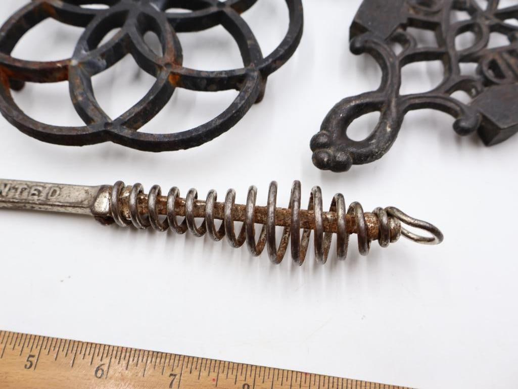 Antique Cast Iron Trivet and Stove Lifter Lot - 4