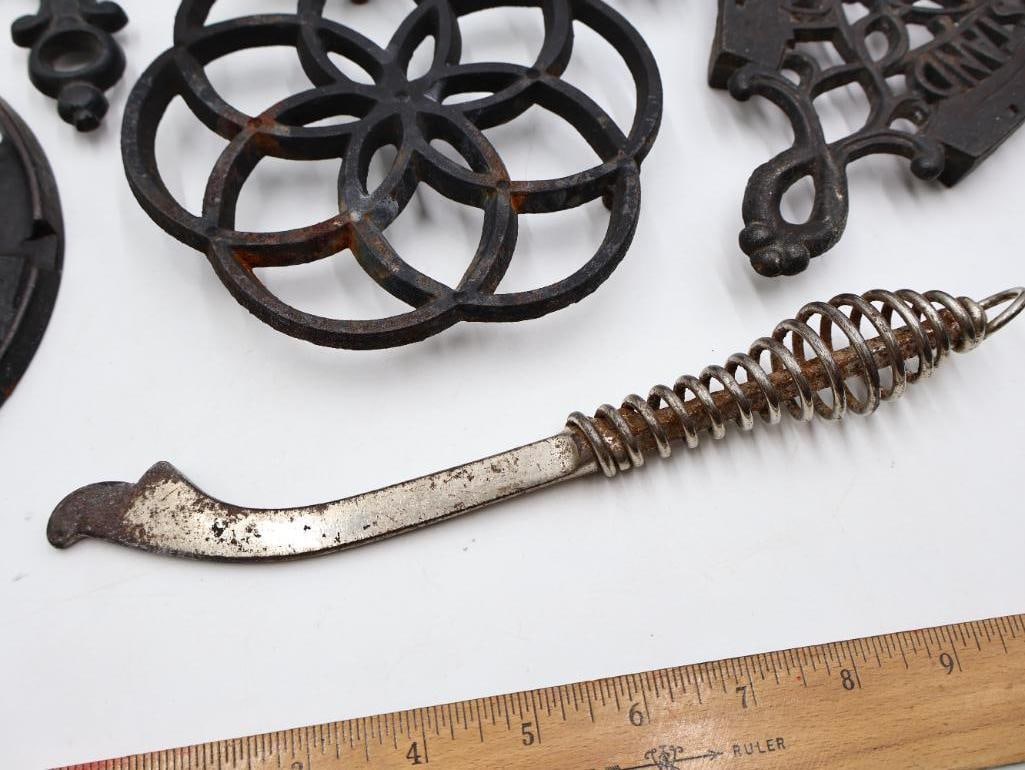 Antique Cast Iron Trivet and Stove Lifter Lot - 5