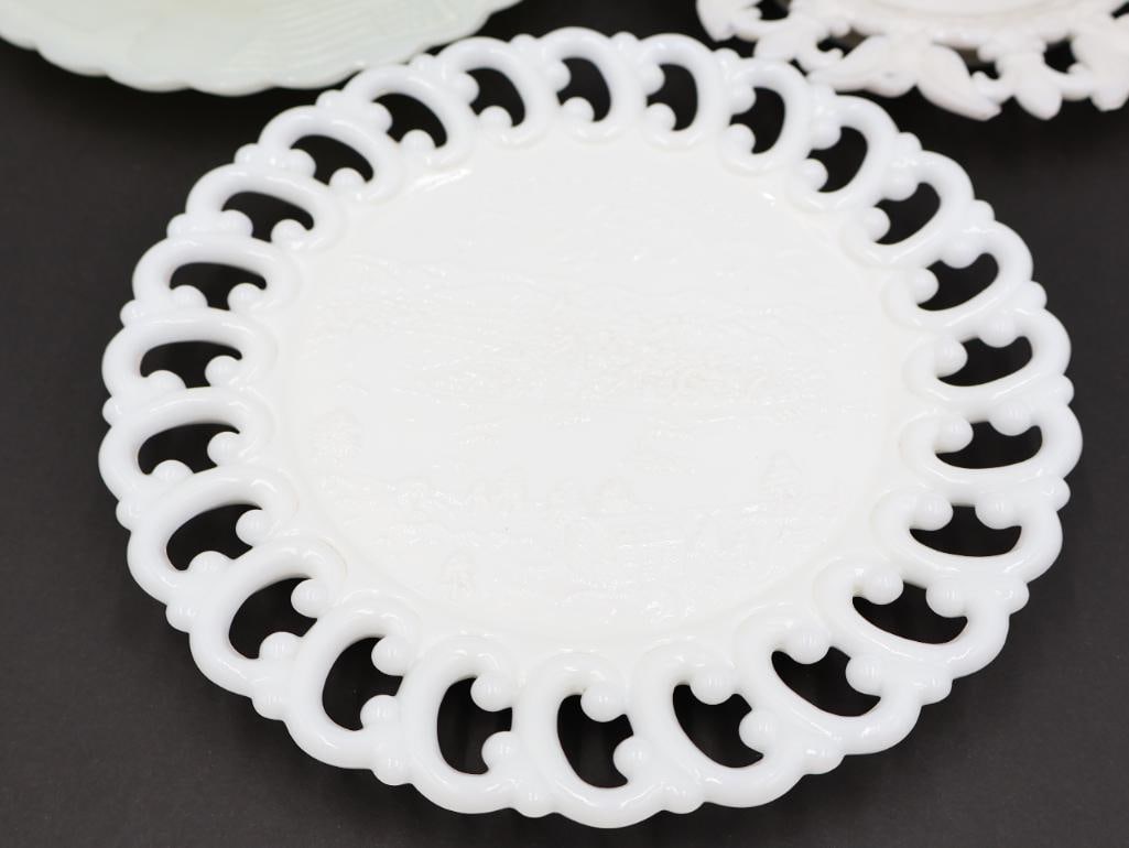 Three White Antique American Themed Milk Glass Plates - 2