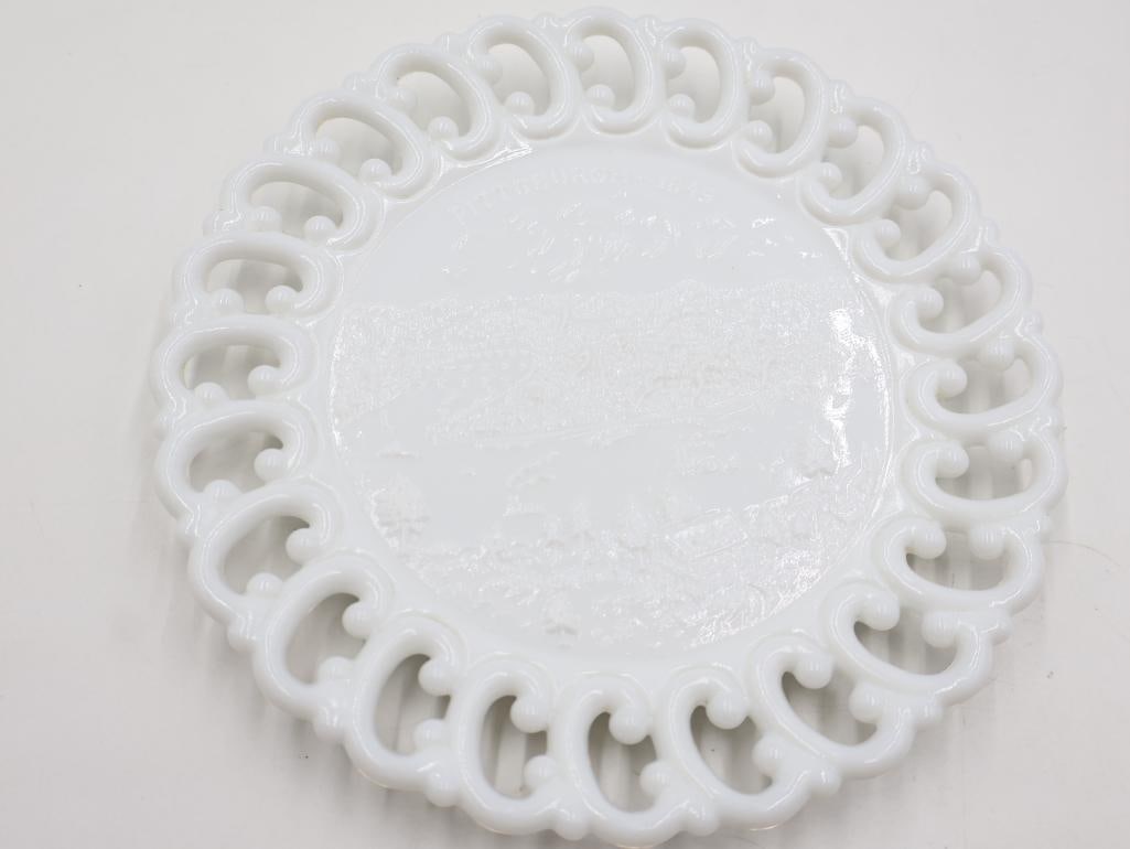 Three White Antique American Themed Milk Glass Plates - 3
