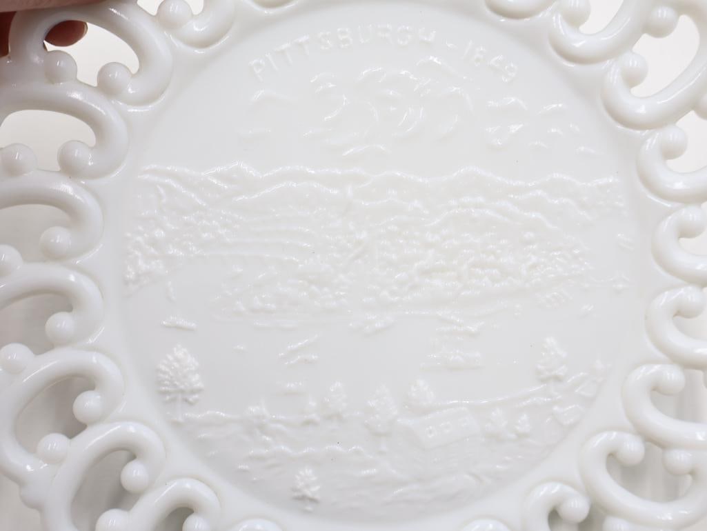 Three White Antique American Themed Milk Glass Plates - 4