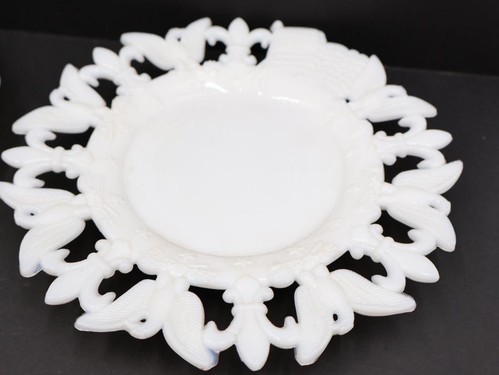 Three White Antique American Themed Milk Glass Plates - 5