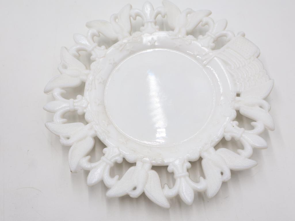 Three White Antique American Themed Milk Glass Plates - 6