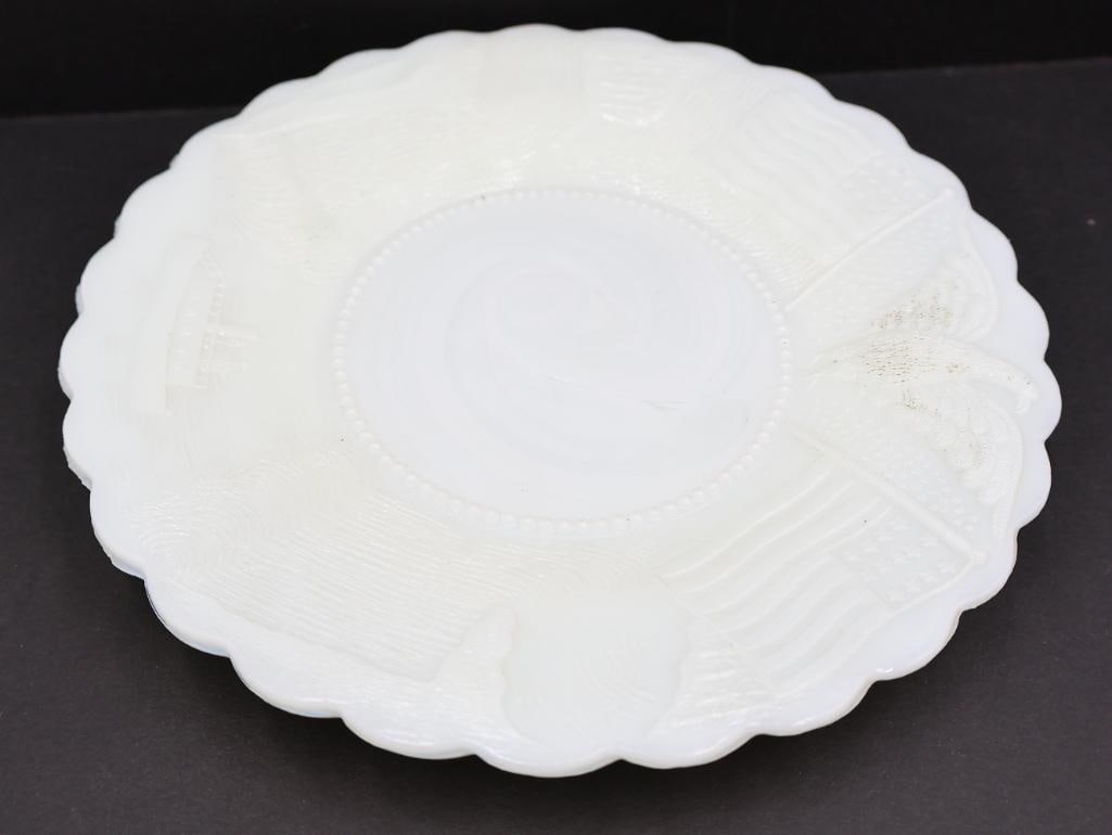Three White Antique American Themed Milk Glass Plates - 7