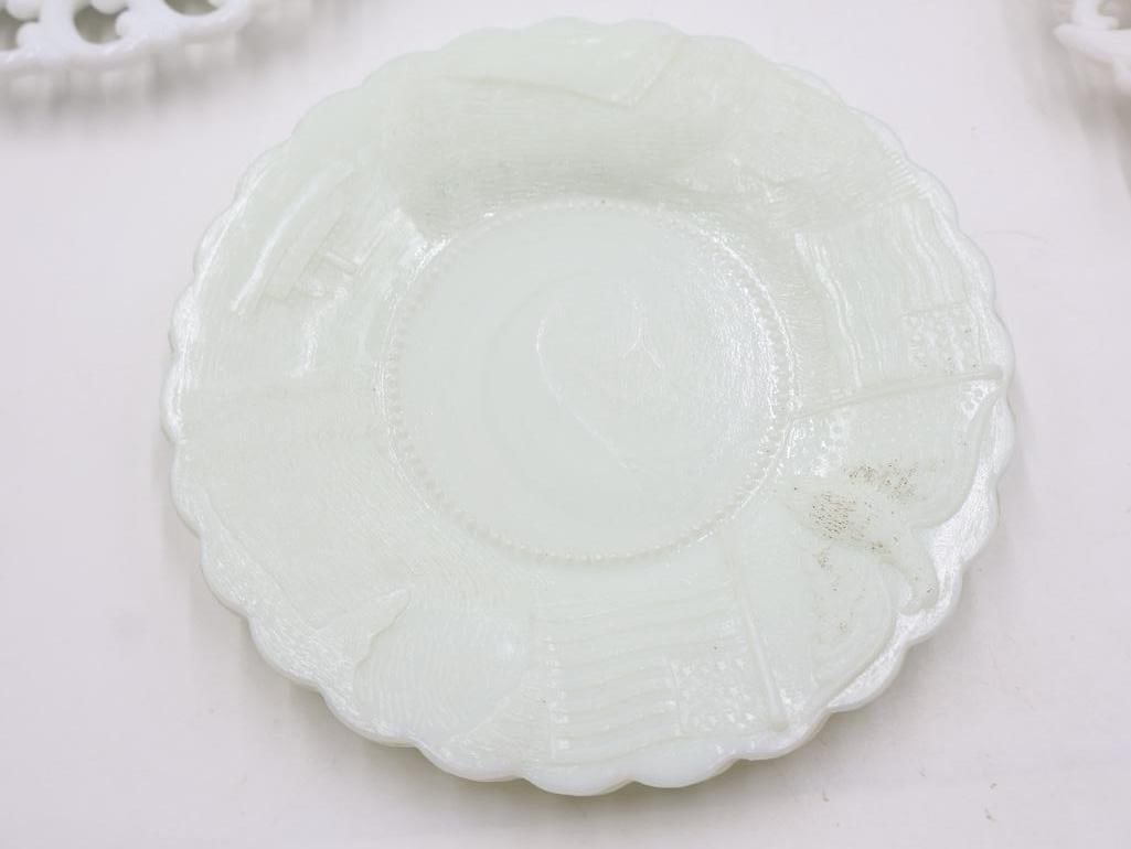 Three White Antique American Themed Milk Glass Plates - 8