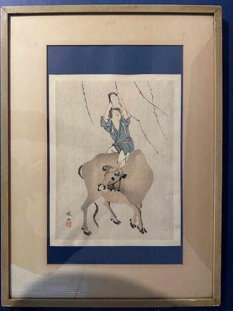 Mori Tetsuzan (Shushin) 19th Century "Boy on Ox Trimming Branches" Figurative Japanese Painting: Framed Size: 14.4" by 20"