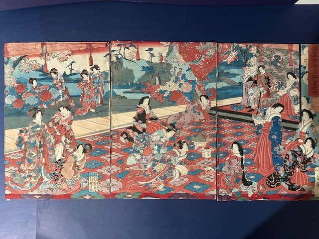 Original 19th Century Toyohara Chikanobu Japanese Woodblock Print Imperial View of Garden of Temp... (1 of 8)