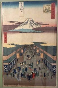 Utagawa Hiroshige, "Surugacho Street": Ukiyo-e, Woodblock, Size: Framed 17.5” by 20.5”