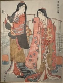 Torii Kiyonaga | The Brine Maidens of Suma (Shiokumi, Suma): Edo period (1615–1868), Ukiyo-e, Woodblock, Size: Framed 15” by 18”