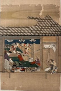 Tosa Mitsuoki (1617-1691), Calligraphy And Painting Mitsuoki Tosa Seihaku Artist Handrail Woodblock: these prints illustrate shops from the Edo period, one being of a bowmaker, the other being perhaps a furier.Ukiyo-e, Woodblock, Size: 7” by 12”