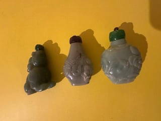 Chinese snuff bottle sea serpent carved white jade with double dragon carved with head handles: Three Chinese jade bottles