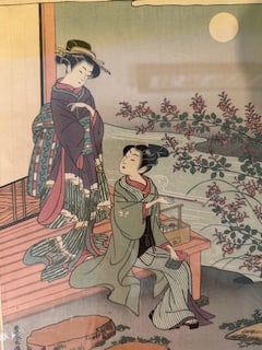 19 th century Japanese antique wood Block two kabuki women seat and stand under the moon: Ukiyo-e, Woodblock, Size : Framed W: 13” inch , H: 27.5” inch
