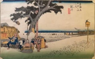 No. 28. Fukuroi: Tea Stall by Utagawa Hiroshige (c.1833): The twenty-eighth print in the Tokaido Road series is one depicting a tea stall at the small town of Fukuroi. Ukiyo-e, Woodblock, Size : w: 14” H : 9.5”