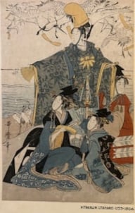 Kitagawa Utamaro, (d. 1806), "Parody of the Story of Yoritomo Releasing Cranes at Yuigahama": Ukiyo-e, Woodblock, Size W: 9.5” H: 14.5”