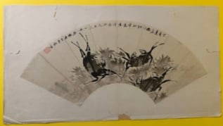 Artist Shin Lin Chi, Old Chinese Fan leaf hand painted crabs and seaweed: Old Chinese Fan leaf hand painted crabs and seaweed, Ca 1887, Size W: 20&rdquo; H: 10&rdquo;