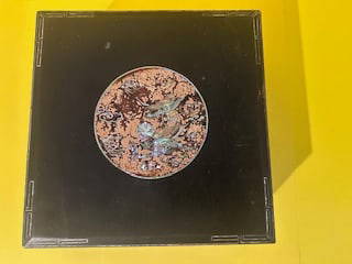 Korean lacquer Box inlay mother of pearl inside inscribed for gift: Size 8.5&rdquo; by 8.5&rdquo; H: 3.5&rdquo;