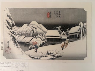Utagawa Hiroshige (1797–1858), Evening Snow at Kanbara, from the series "Fifty-three Stations of: Date: ca. 1833–34, Ukiyo-e, Woodblock, Size w : 15” inch H : 10” inch