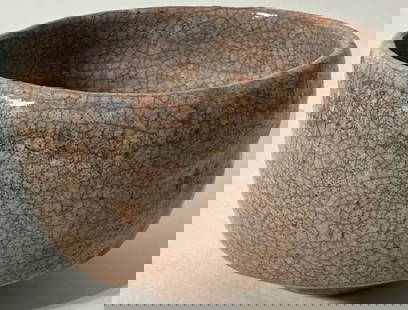 A Chawan [Tea Bowl] , HAGI WARE, EDO PERIOD (17TH-18TH CENTURY): Size w: 4.5” H: 3”, With original dusty Bag and wooden Box