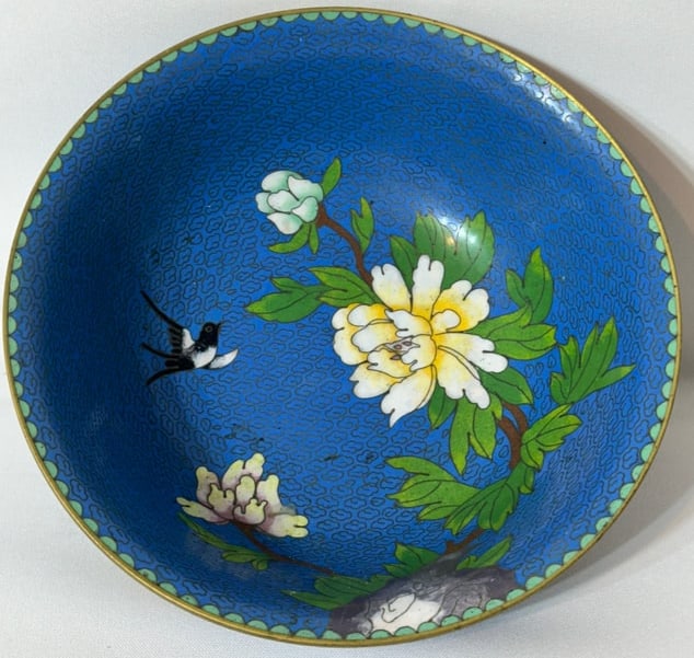 Mid Century large Chinese Cloisonne bowl on wooden stand (1 of 5)