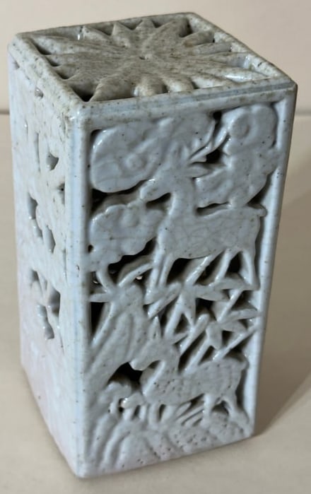 White Pierced Porcelain Brush Pot from Chosun Dynasty: Size: W: 3 1/4” by 3 1/4” inch, H: 6 3/4” inch