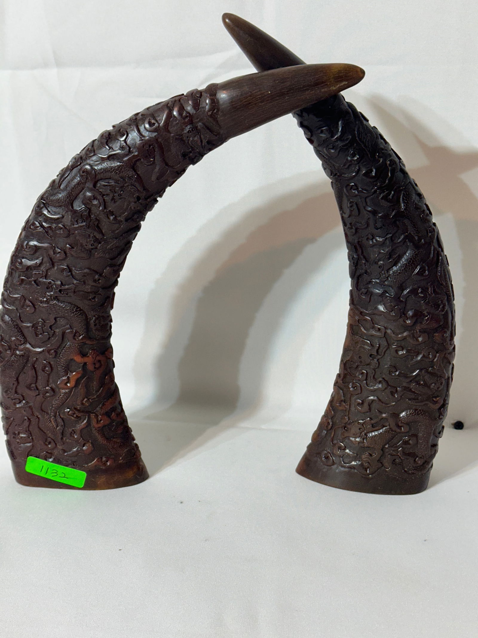 Chinese antique pair of horns, Covering the all around Dragon: Size: 14” inch High