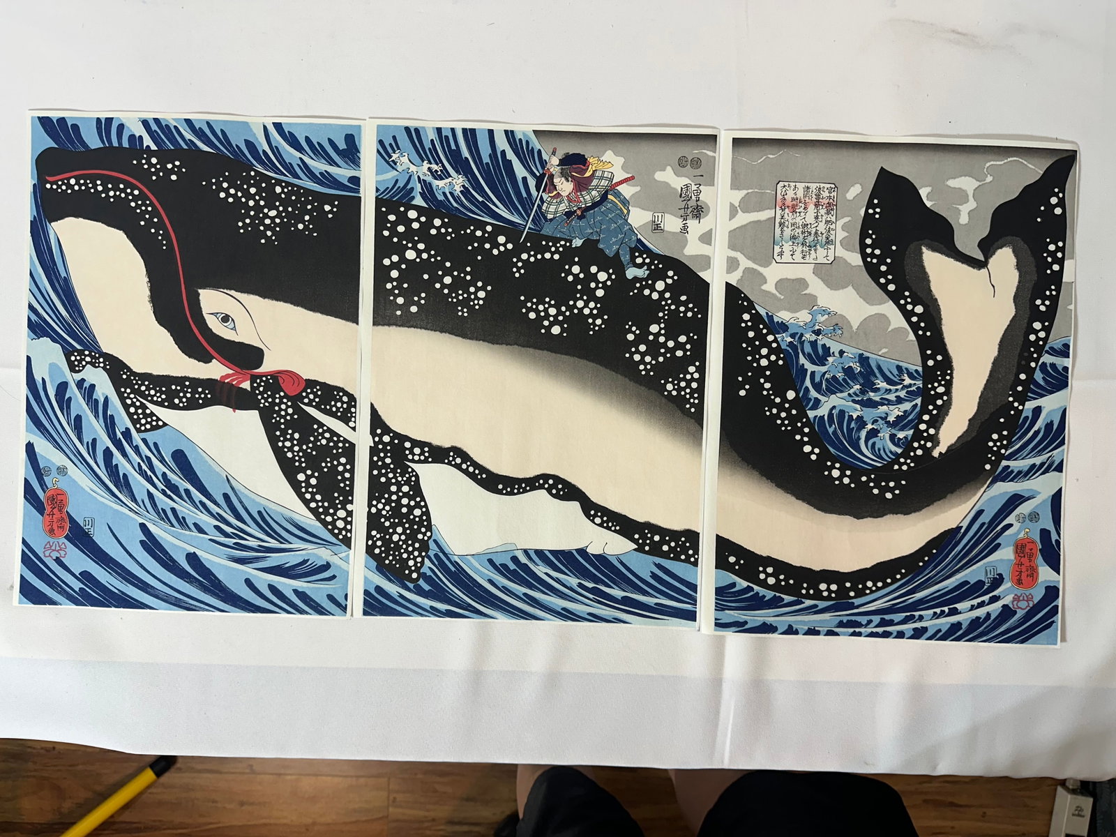 Kuniyoshi (1797 - 1861) Miyamoto Musashi Attacking the Giant Whale: Japanese Print, Ukiyo-e, Woodblock, Size: 14 7/8” by 30 3/4” inch