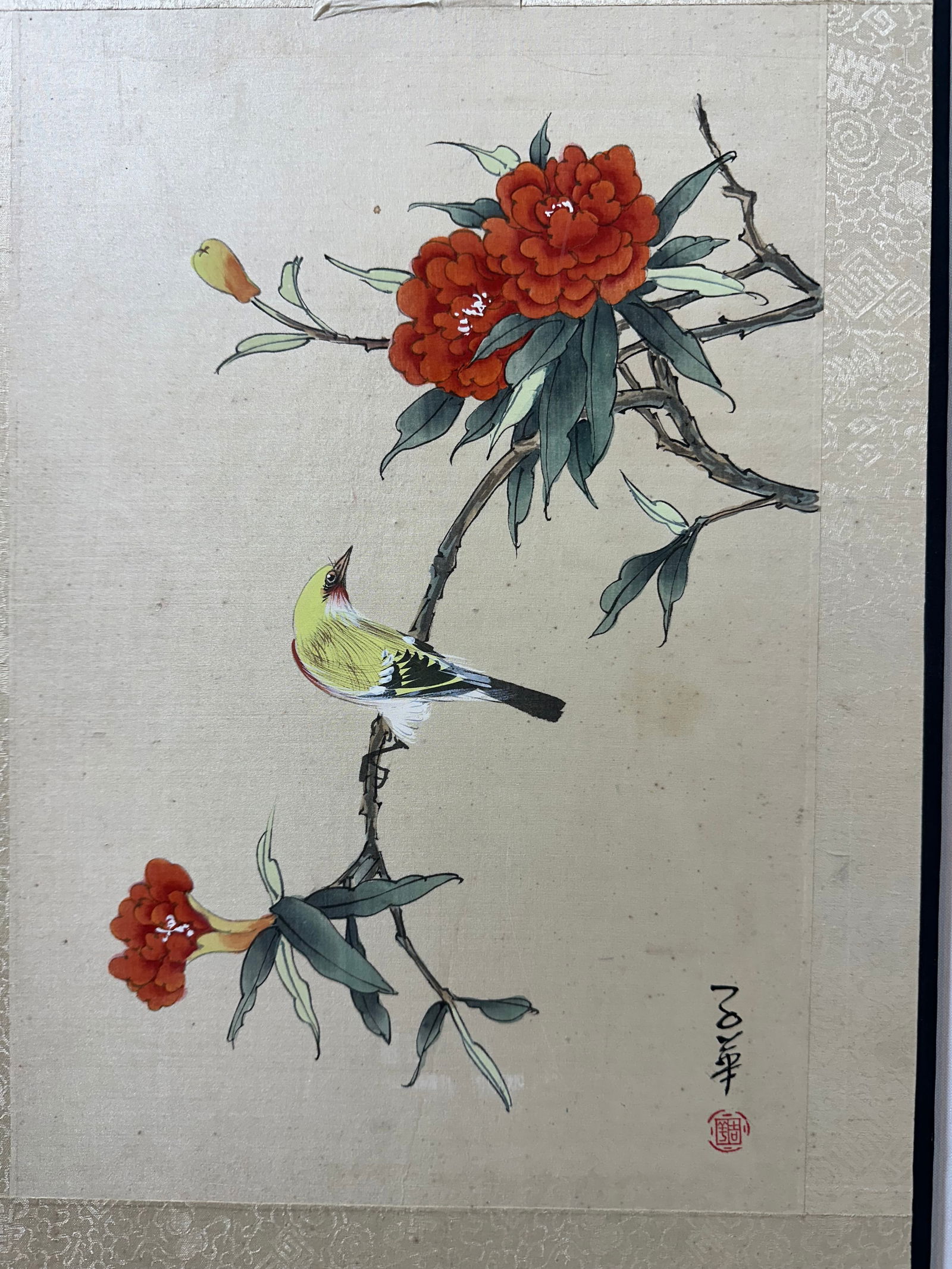 Vintage Asian Watercolor on Silk Art, VTG Oriental Painting, Bird and Flower (1 of 4)