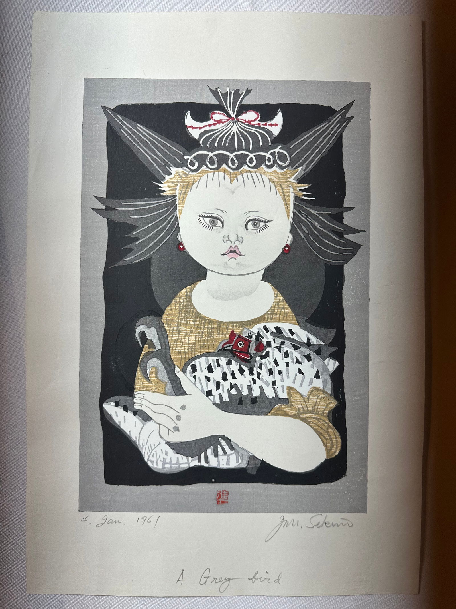 Jun’ichiro Sekino Woodblock Print, Girl With Chicken: Size: W : 12 1/2” inch, H: 18 1/2” inch