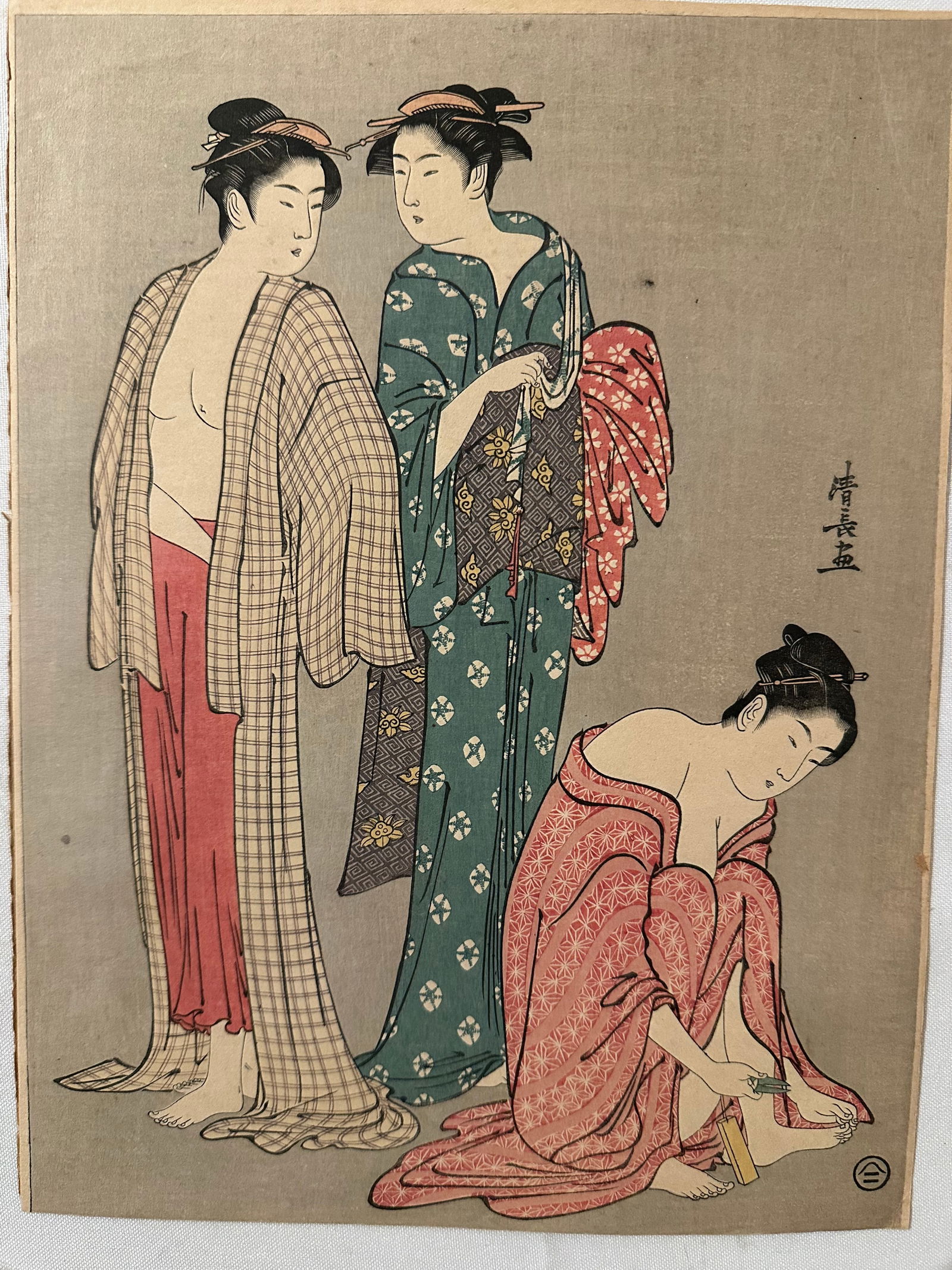 Torii Kiyonaga, "three Beauties After Bath": Size: W 8 1/2” , H:11 1/2” inch