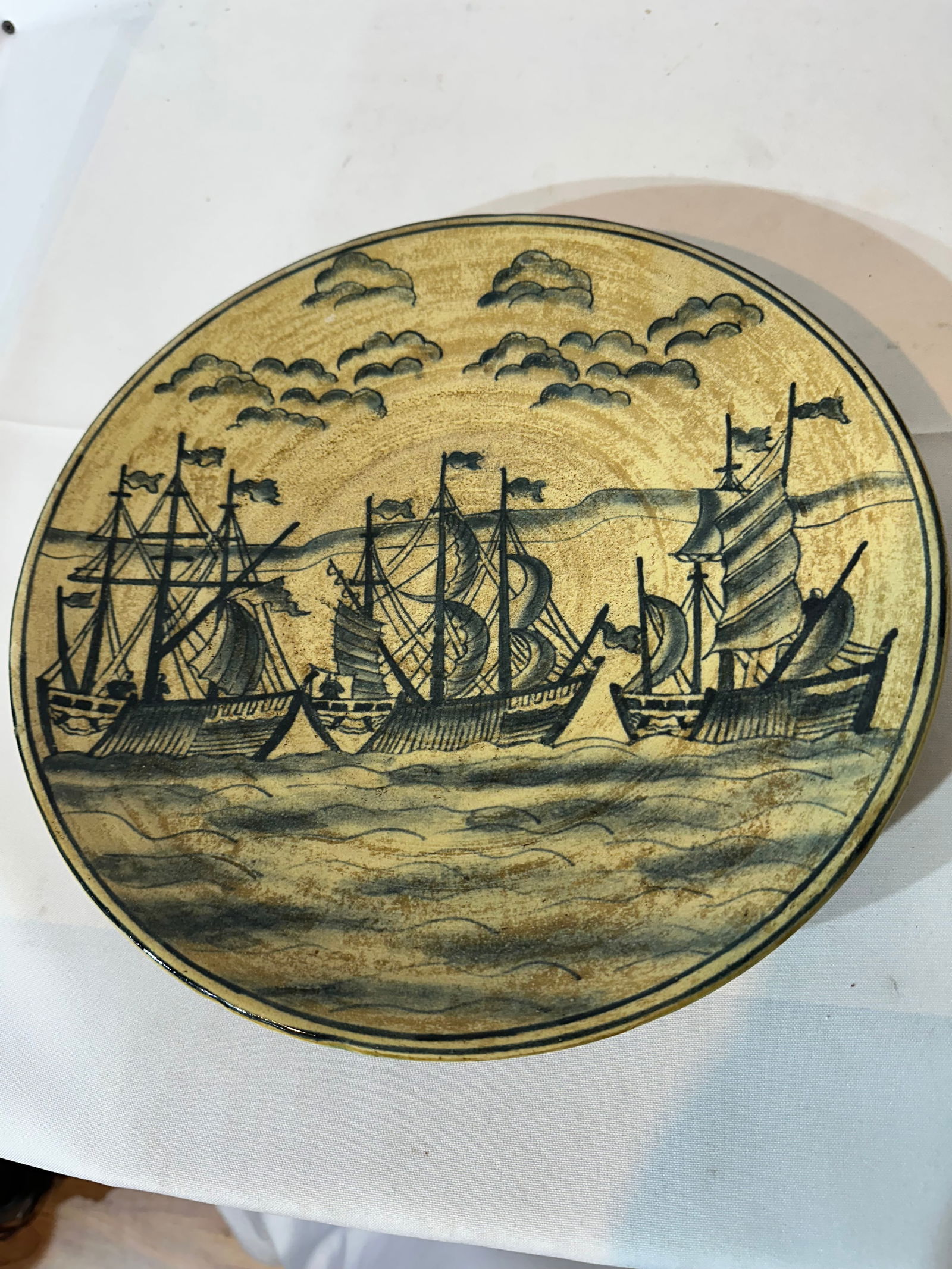 Circa 1800 Creamware Nautical Plate Ship & Trophies British Navy Ensign Herculaneum: Size: 12 1/2” inch Diameter, 1 1/2” inch tall