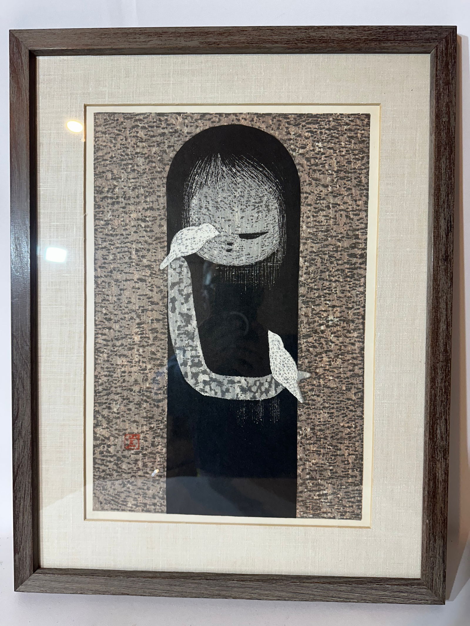 Original KAORU KAWANO "Small Birds" Japanese Woodblock: Framed size : w 16” inch, H: 20 3/4” inch