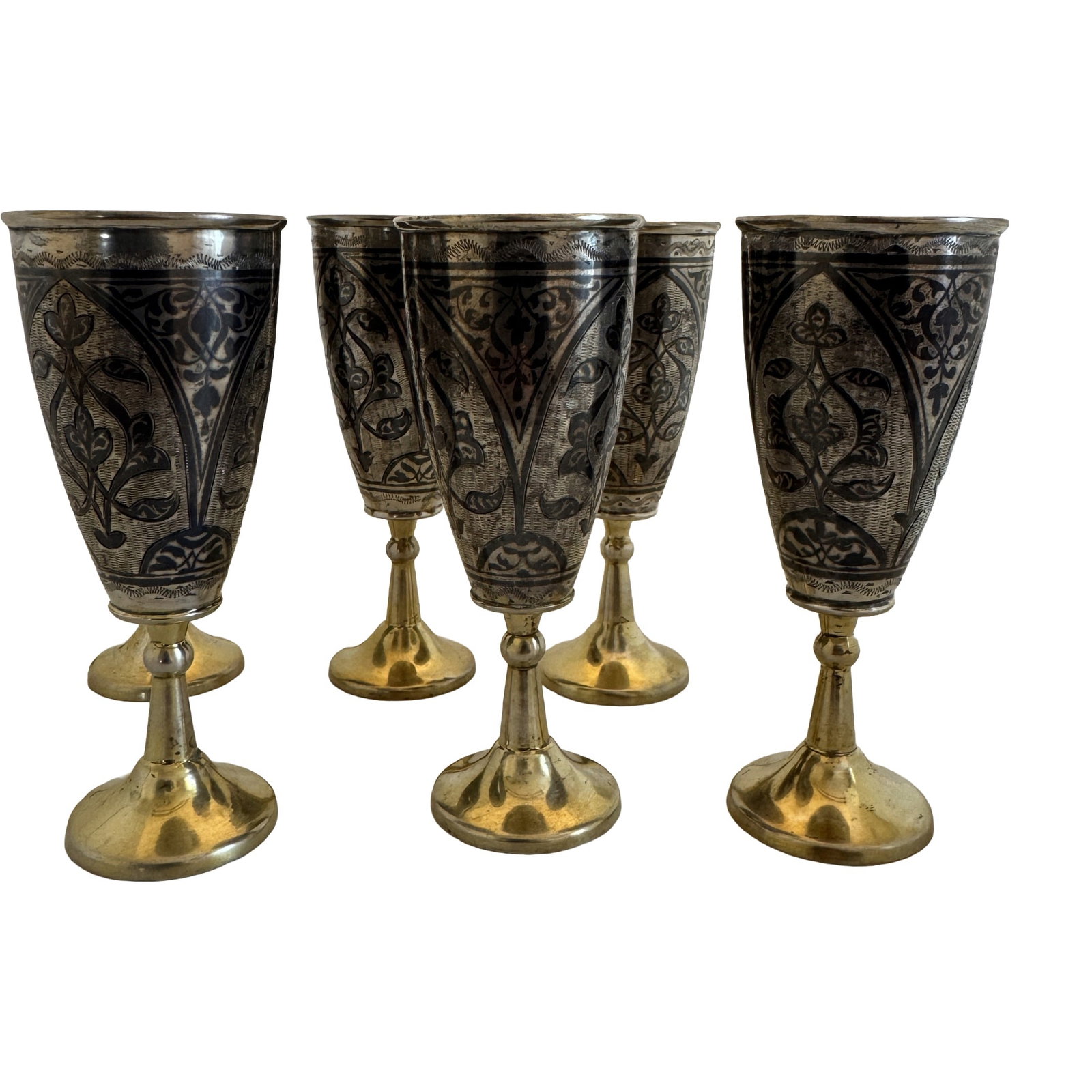 Set of Six- 875 Sterling Silver Soviet Kubachi Goblets with Niello Inlay (1 of 2)